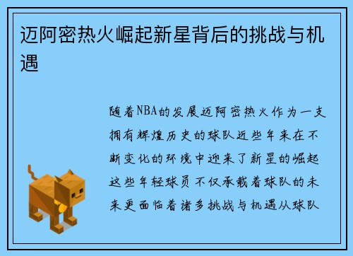 迈阿密热火崛起新星背后的挑战与机遇