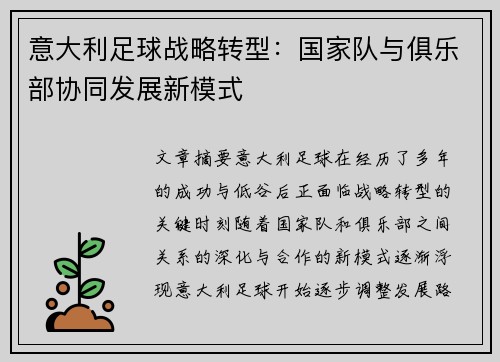 意大利足球战略转型：国家队与俱乐部协同发展新模式